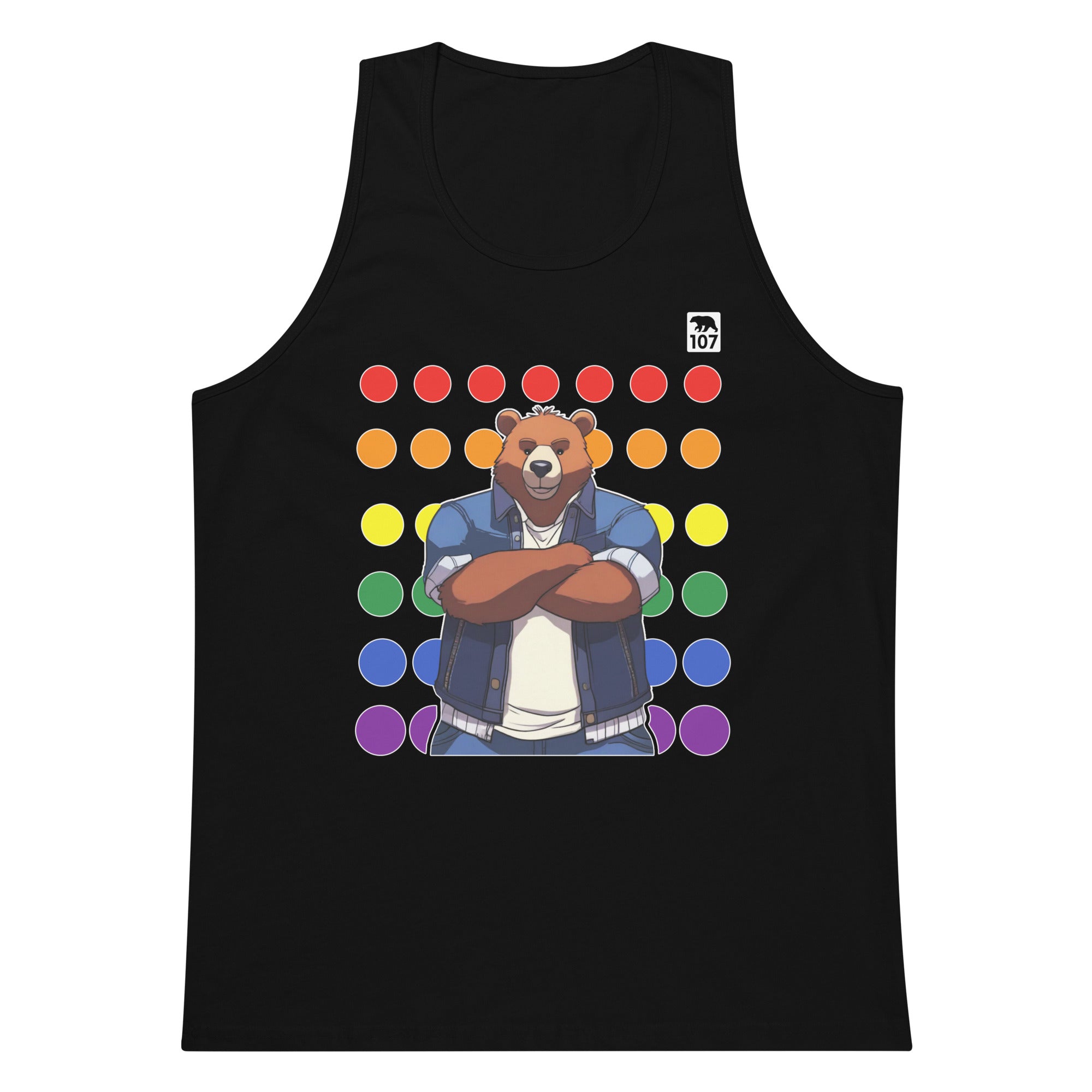 Gay Pride Bear on Rainbow Dots tank top