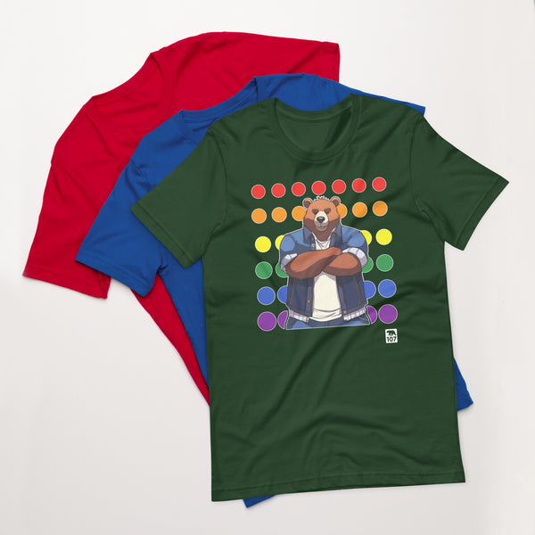 Gay Pride Bear on Rainbow Dots t-shirt