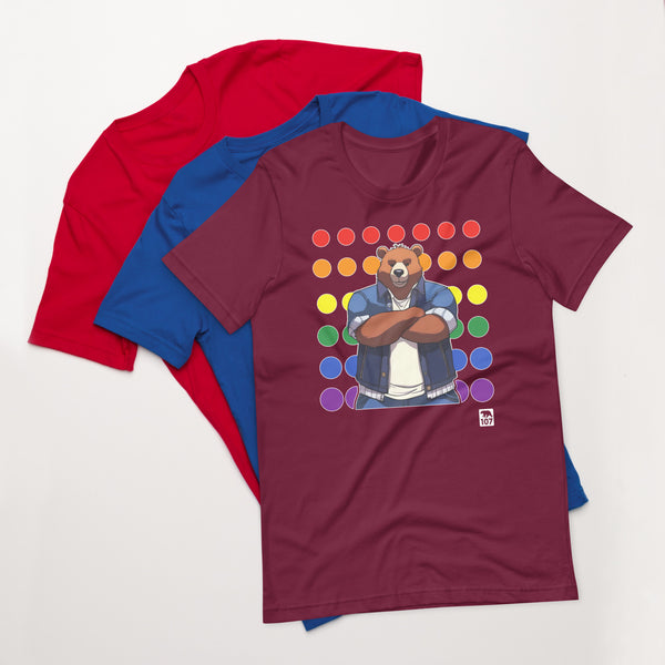 Gay Pride Bear on Rainbow Dots t-shirt